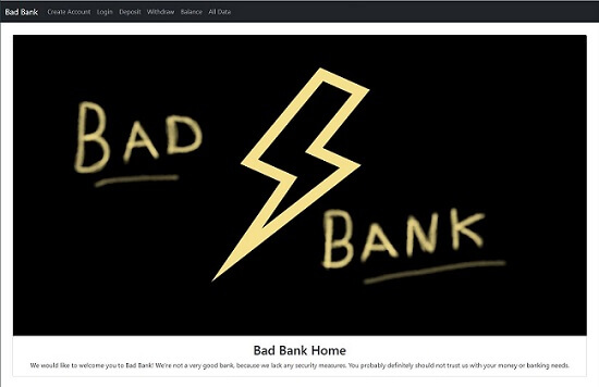 Image of Bad Bank Application Homepage